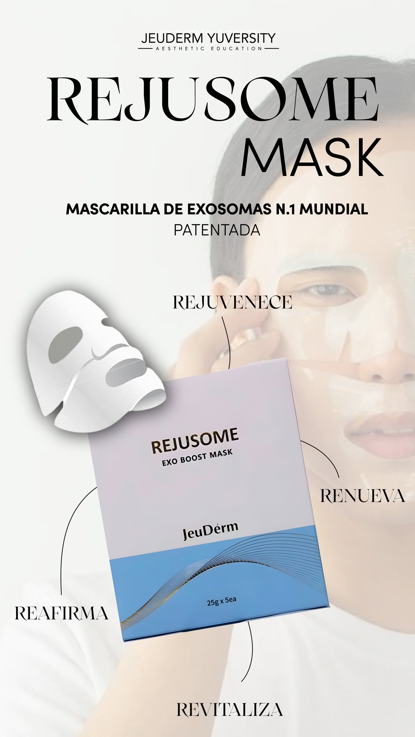 Rejusome Exo Boost Mask (5 Mascarillas de biocelulosa) Mascarilla facial intensiva con exosomas, péptidos y prebióticos para una piel rejuvenecida en 20 minutos